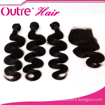 6A Unprocessed Brazilian Virgin Human Hair Extension Body Wave Bundles with Lace Closure, 100% Body Wave Human Hair